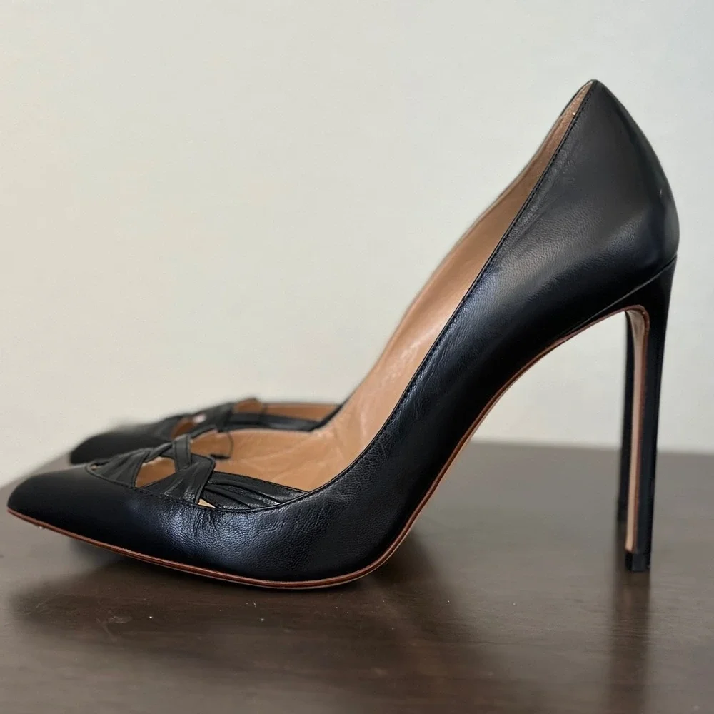 Francesco Russo Black Leather Pointed Toe CutOut Stiletto‎ Heel Pump Paris 38